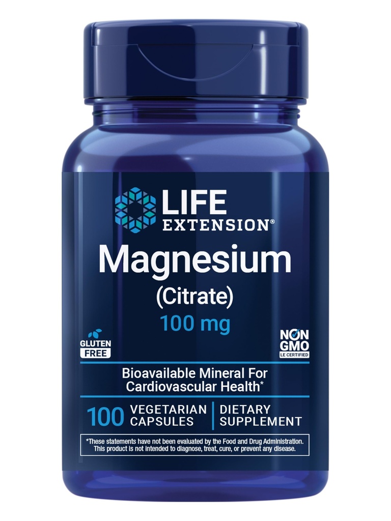 Durée de vie Citrate de magnésium 100 mg Capsules végétariennes, Bleu, 100 Compte