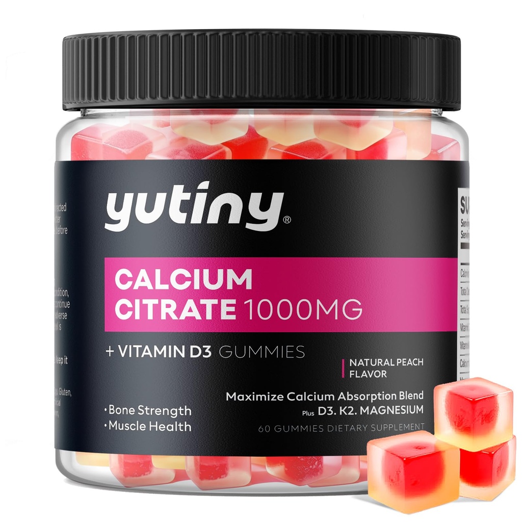 Calcium citraat gevuld Gummies, Extra Absorptie Calcium citraat 1000mg met vitamine D3, K2 & Magnesium, Kauwbaar supplement voor bot, spier gezondheid, 60 Tel.