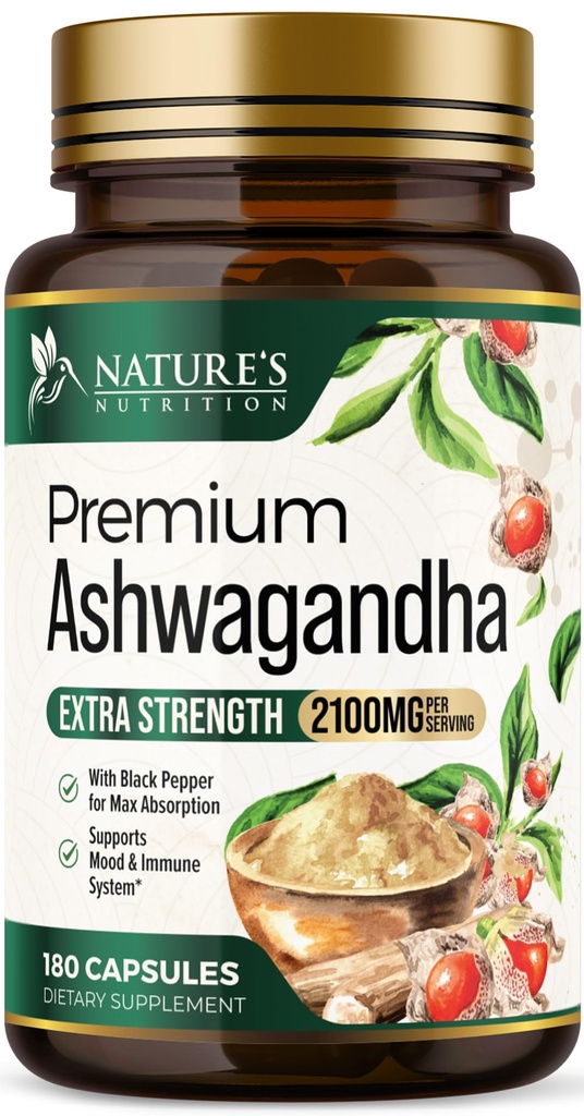 Suppléments Ashwagandha - 2100mg Ashwagandha Capsule pour les femmes et les hommes, Support antioxydant naturel, Extrait de racine Ashwa, Support calmant extra-fort avec poivre noir, végétalien et sans gluten - 180 capsules