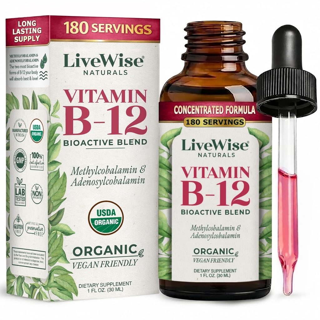 LiveWise Naturals B12 Vitamin Drops Non-GMO, Organic Bioactive Blend for Energy, Clarity, Focus, and Easy Absorptie, Adenosylcobalamine & Methylcobalamine Supplement, Vegan, Glutenvrij, Dairy-Free