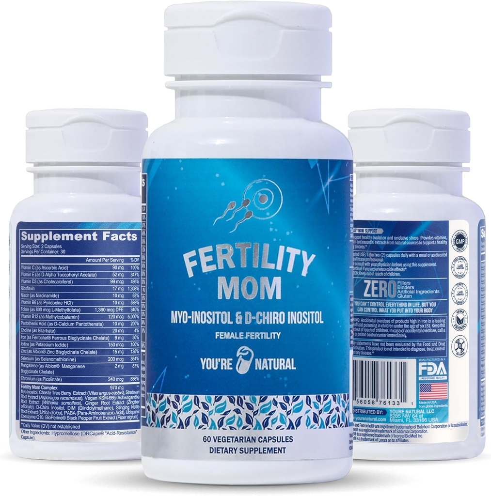 YOU'RE NATUURLIJKE Conception Vruchtbaarheid Vitaminen voor vrouwen - Prenatale Vitaminen - Myo-Inositol, D-Chiro Inositol & Folate, Regulates Cycle, Hulp Ovulatie, Hormonale & Ovariaanse Ondersteuning, Vitex, 30 Day Supply