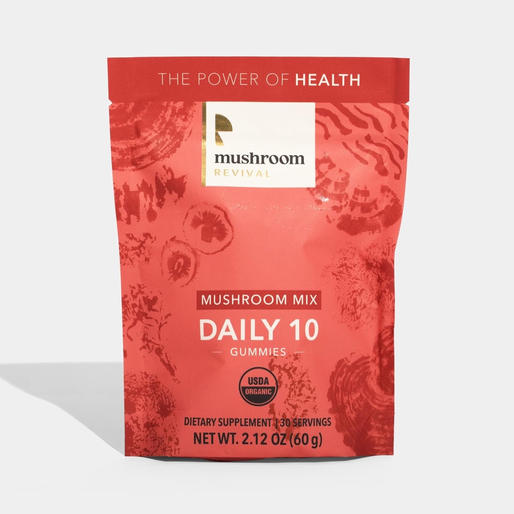 Paddestoelen Revival, Biologische, Dagelijks 10 Paddestoelen Mix Gummies, 2.12 Ounces, Non-GMO, Veganistisch, Glutenvrij, Keto, Zuivelvrij