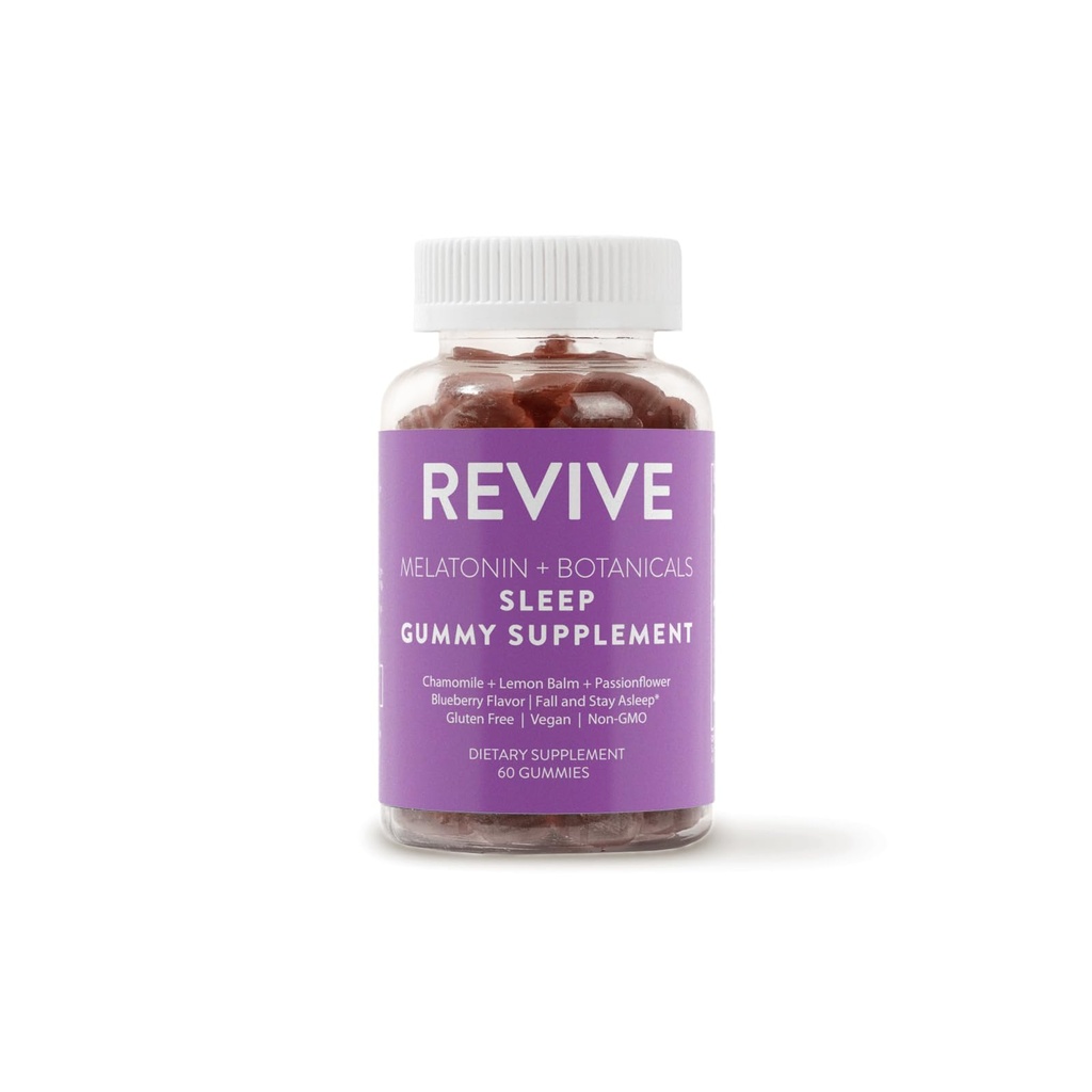 REVIVEEO Melatonine & Botanicals Sleep Gummy Supplement by Revive Essential Oils with Kamille, Lemon Balm & Passionflower - 5 mg Melatonine - Blueberry Flavored