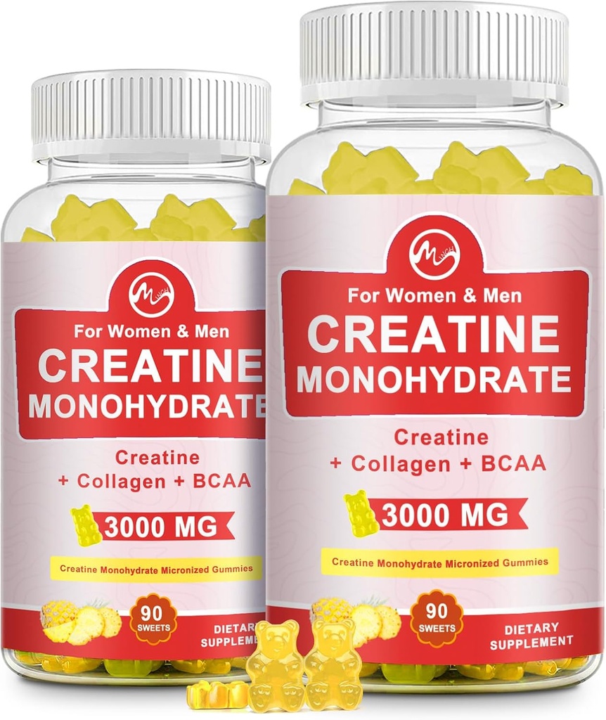 Creatine Gummy, 3g van Creatine Monohydraat per Serving, Suikervrije Creatine Monohydraat Gummy voor spiergroei en sterkte met 0,5g Collageen, 0,2g BCAA, 60 Servers, Ananas smaak, 2 Pack