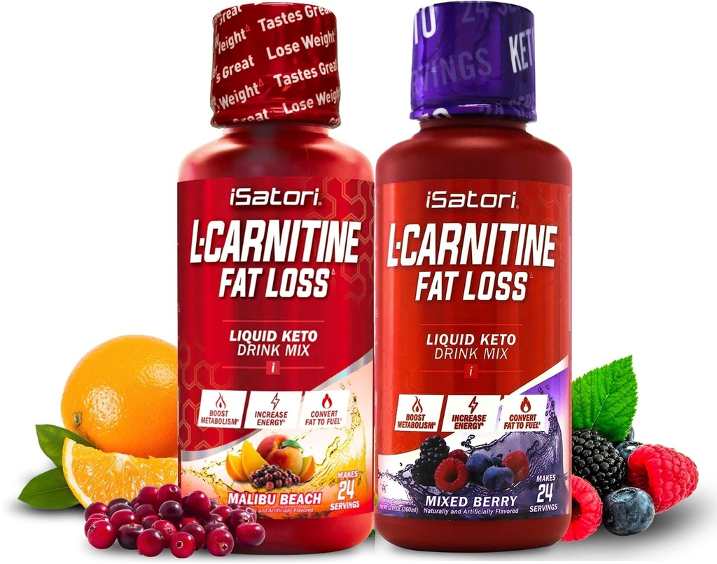 iSatori L-Carnitine 1500, Liquid L-Carnitine met acetaat L-Carnitine, gemengde Berry Flavor (24 porties) & Malibu Beach Flavor (24 porties)