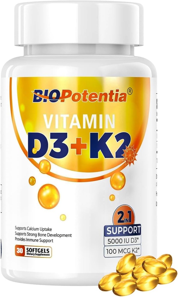 Vitamine D3 K2 avec supplément d'huile MCT, Vitamine D3 5000 UI et K2 100MCG (MK7), soutient la santé immunitaire, osseuse et des dents - sans gluten non-OGM - 30 softgels