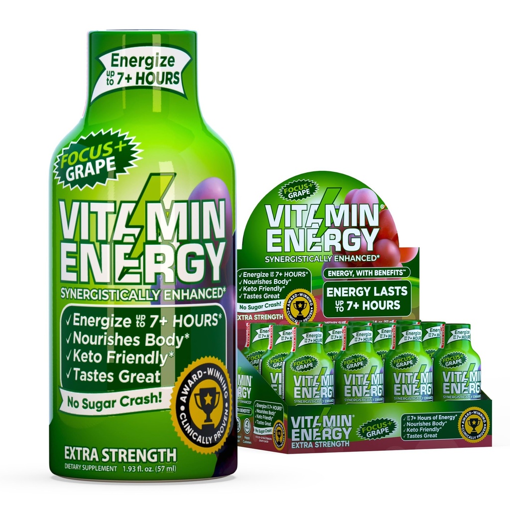Vitamine Energie Focus+ Extra sterkte Energie Shot Grape 12 Pack, 260mg Natural Cafeine, B-Vitamins, CoQ10, Aminozuren, Focus, Productiviteit & Duidelijkheid, Zero Sugar, Gluten-Free, 1,93 fl oz