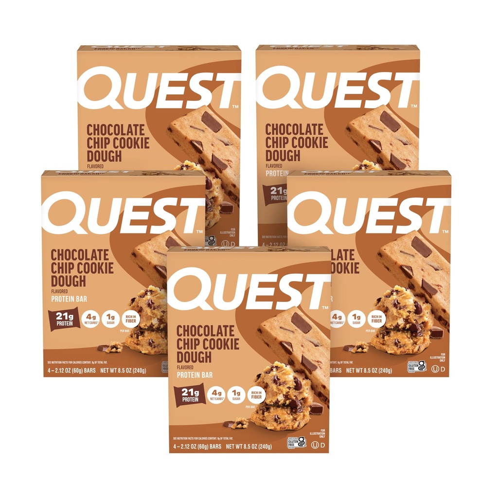 Quest Nutrition Chocolate Chip Cookie Dough - haute teneur en protéines, faible teneur en glucides, sans gluten, céto-friendly, 2,12 Oz, 20 Compte (4 paquets de 5)