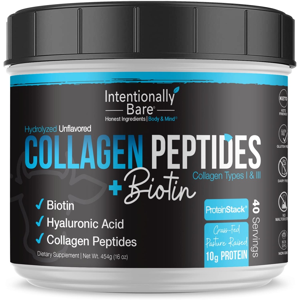 Intensively Bare Collageen Powder Unflavored - Collageen Peptides Powder with Biotin & Hyaluronic Acid - Non-GMO & Grass Fed Collageen Protein Powder with 10g Protein - Keto Collageen Powder 40 Servers
