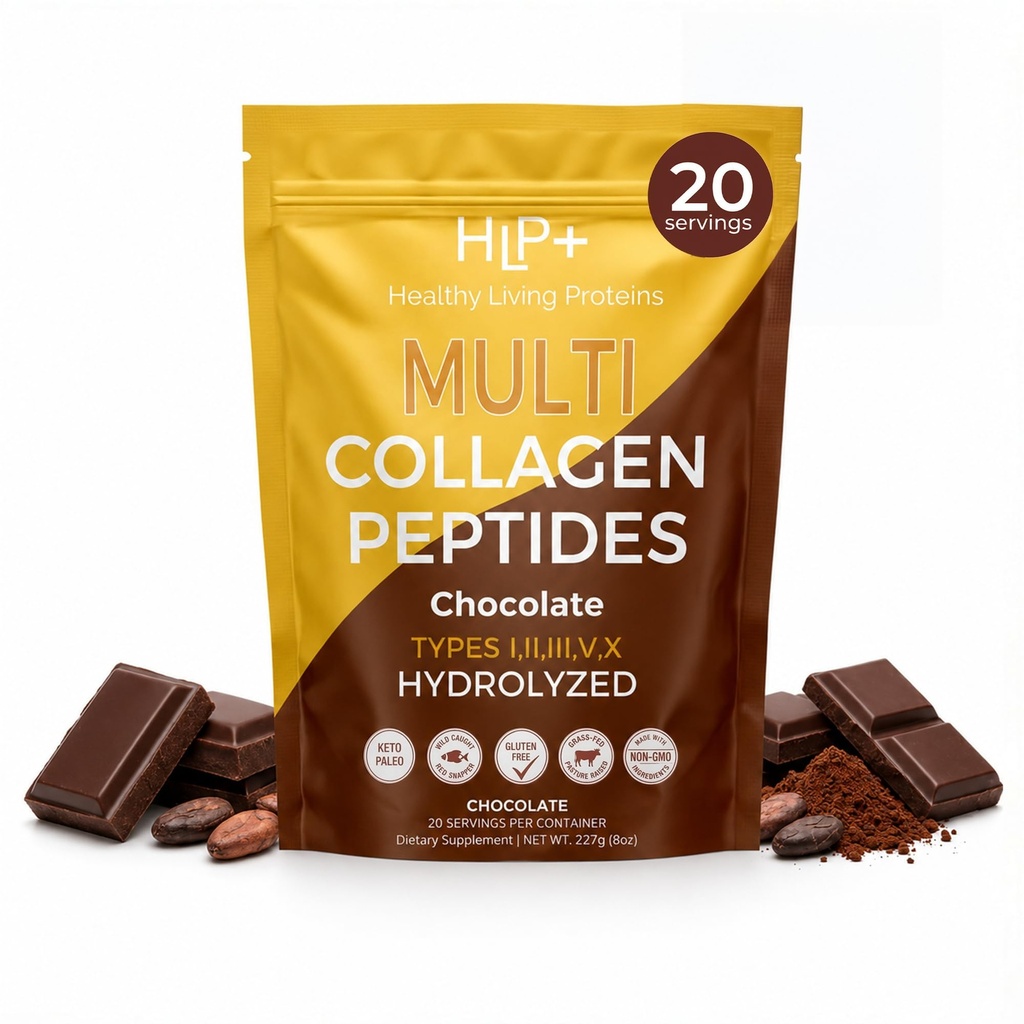 Protéines pour un mode de vie sain - Peptides multicollagènes hydrolysés Poudres de types I, II, III, V et X - Fovine de l'herbe, poulet marin à l'état sauvage - sans gluten (chocolat, 8 oz)