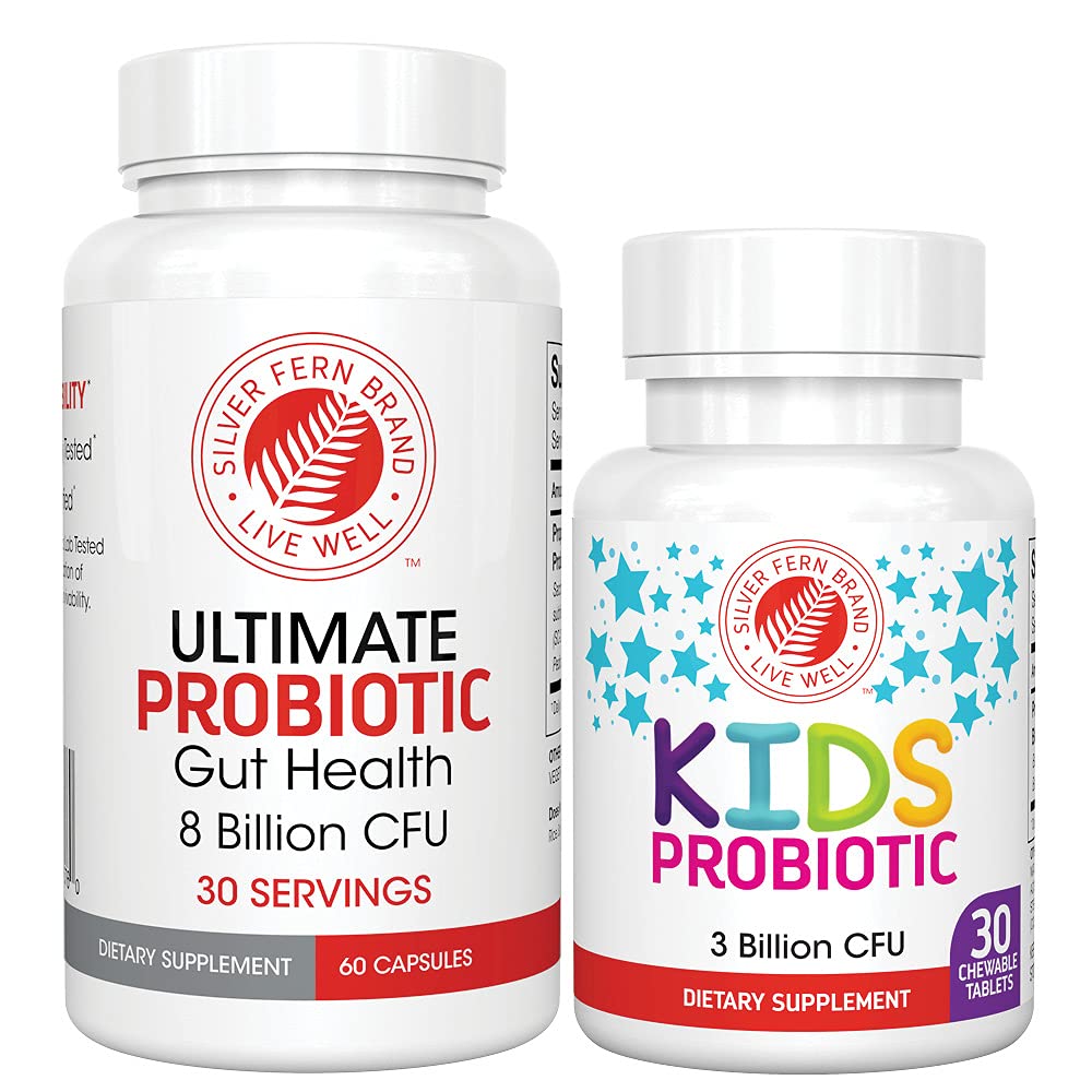 Silver Fern Brand Family Probiotica - Ultimate Adult Probiotic (1 fles = 60 capsules) Plus Ultimate Children's Probiotic for Kids (1 fles = 30 kauwtabletten) - Gut Health & Microbiome Ondersteuning