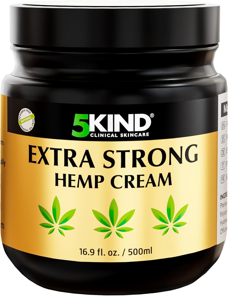 Crème de chanvre 5kind extra forte 16,9 fl oz- Force maximale - Relief apaisant naturel - Rubule musculaire pour le bas du dos, les articulations, le cou, les genoux et les épaules - Crème de chanvre de résistance maximale