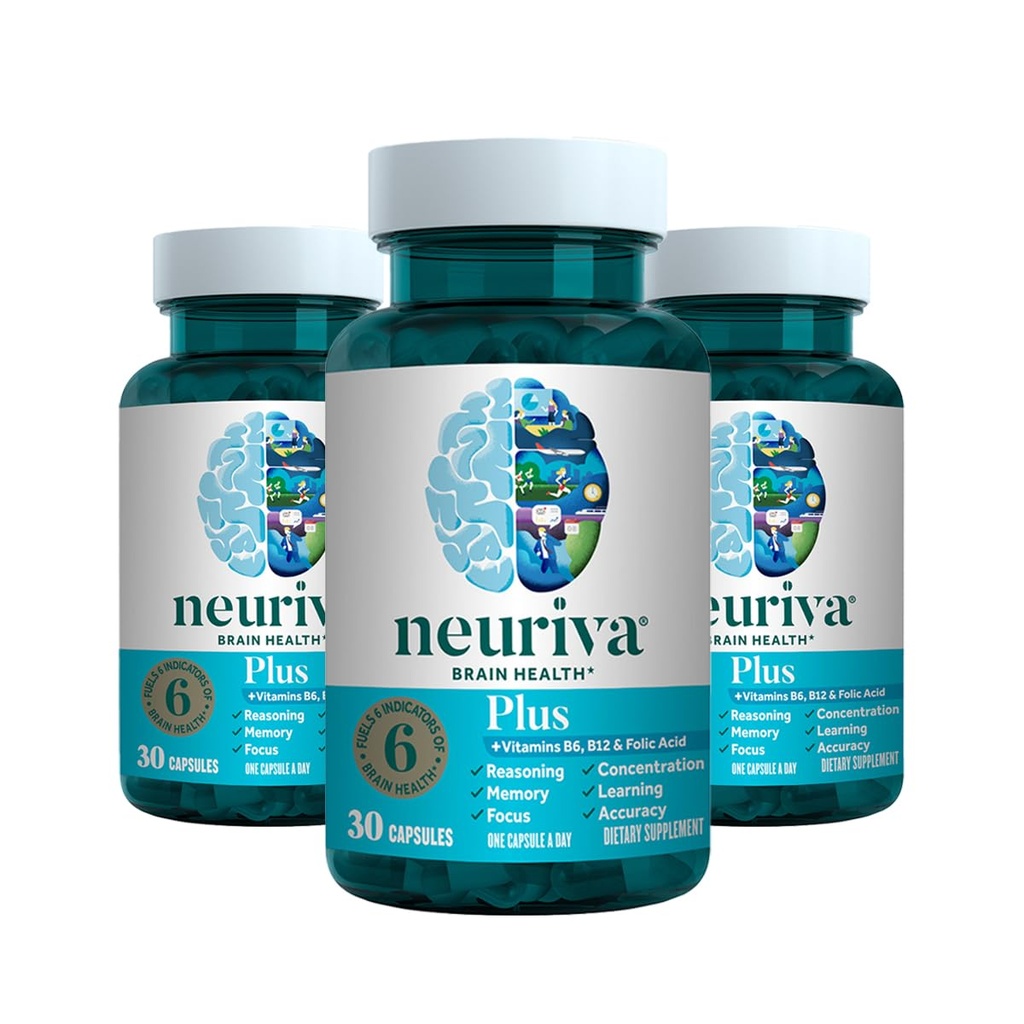 NEURIVA Plus Hersensupplement voor Geheugen, Focus & Concentratie + Cognitieve functie met klinisch geteste Nootropics Fosfatidylserine en Neurofactor, VIT B6 & B12, 30 Count Capsules (3 Pack)