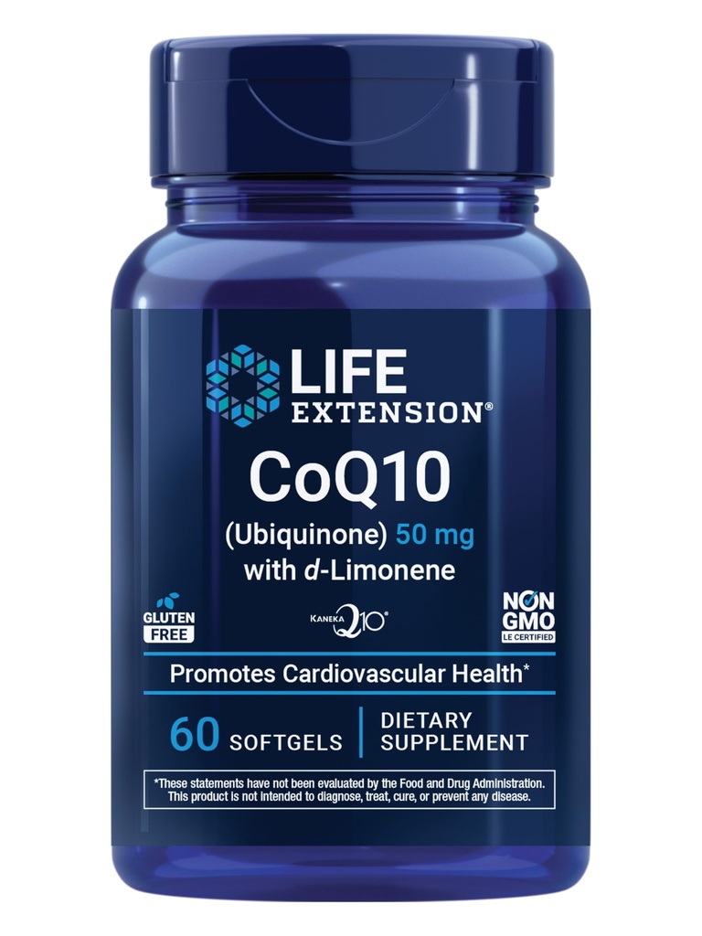 Life Extension Super-Absorbable CoQ10 (Ubichinon) met d-Limonene, Heart Health Supplement, verlicht algemene vermoeidheid, oxidatieve stress verdediging, 50 mg, Non-GMO, Gluten-Free, 60 softgels