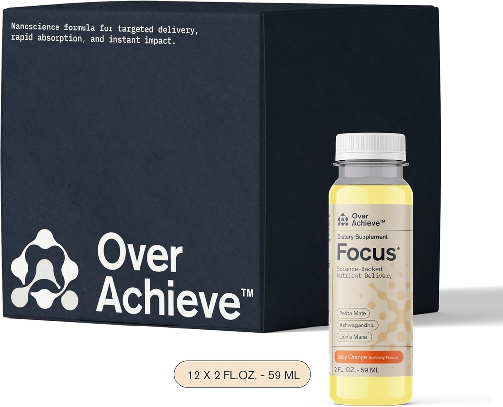 Focus Drink pour la concentration- Contient Yerba Mate, Ashwagandha et Lions Mane Champignon avec technologie Nanoscience avancée - 12 Pack Brain Focus Drink, Orange Flavor, 2oz