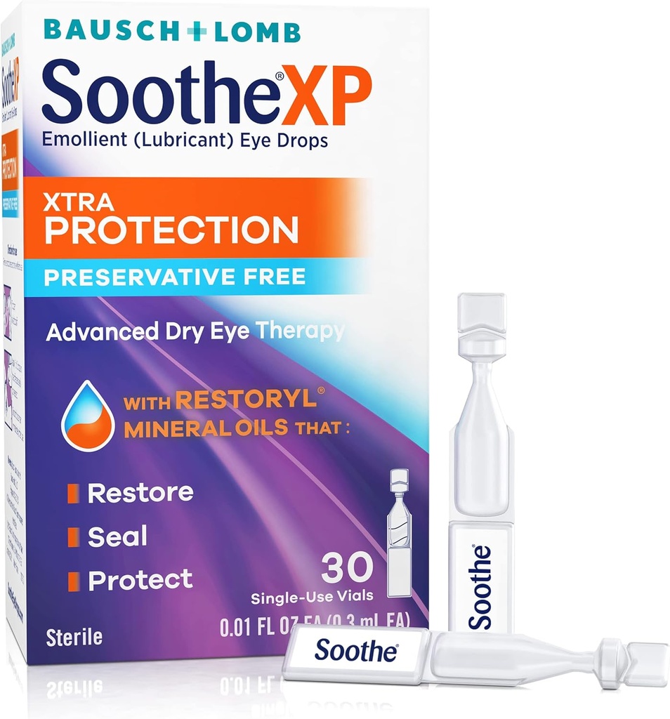 Verzachten XP conserverende vrije oogdruppels, Xtra bescherming Smeer Oogdruppels voor droge ogen, Verlicht irriteren en beschermt tegen traanverlies, geavanceerde droge oogtherapie, enkelvoudig gebruik Viales, 30 Tel.