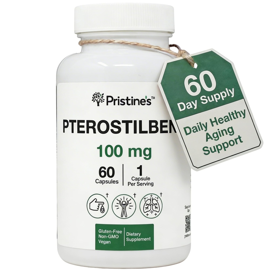 PRISTINE'S Pterostilbene 100mg Antiverouderingssupplement Capsules - 60 Day Supply - Long Health & Mental Clarity Antioxidant - High Bio availability Vegan Non GMO
