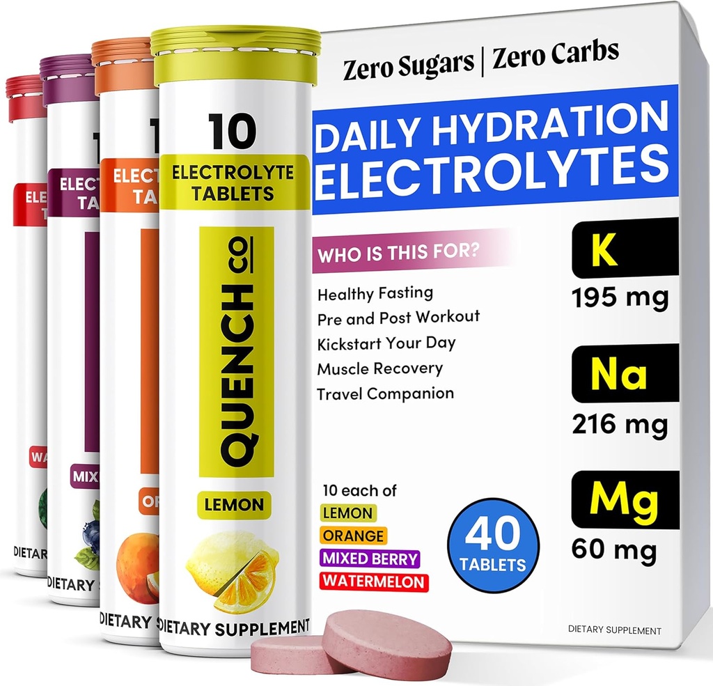 Étanchez les comprimés d'électrolyte 40 Comptez l'hydratation instantanée, les électrolytes, les électrolytes à jeun Pas de sucre pour un support optimal d'hydratation Pas de poudre - pastèque, orange, baies mélangées, arômes de citron