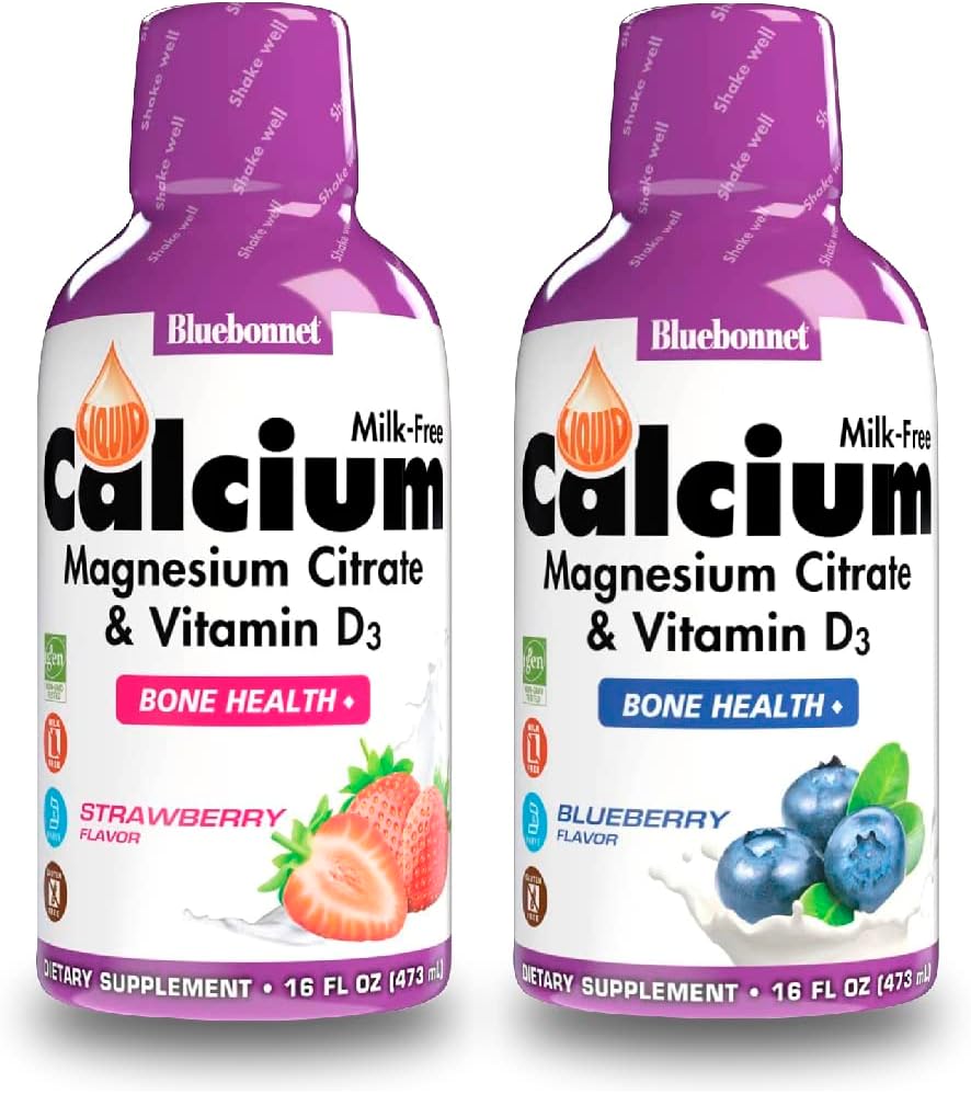 Bluebonnet Voeding Liquid Calcium Citroen Magnesium Citroen, Vitamine D3- Bundel van Blueberry Flavor en Aardbei Flavor, 2 Fles van 16 Fl Oz Elke (32 Fl Oz Totaal)