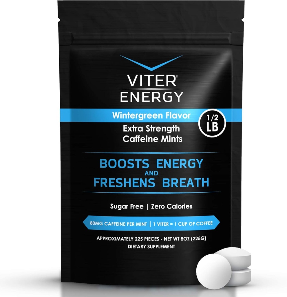 Viter Energy Extra Strength Caffeinated Mints 80mg Caffeine, B Vitamins, Sugar Free. (Wintergreen, 8oz, Bulk Bag)