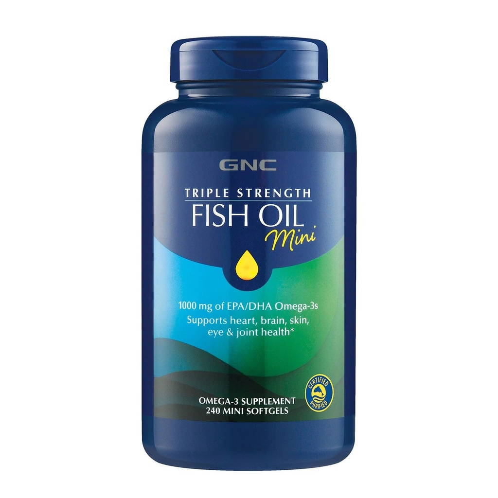 GNC Triple Strength Fish Oil Mini Omega 3 Supplement, 1000mg EPA en DHA, ondersteunt hart, hersenen, huid, oog en gezamenlijke gezondheid, 240 Mini Softgels