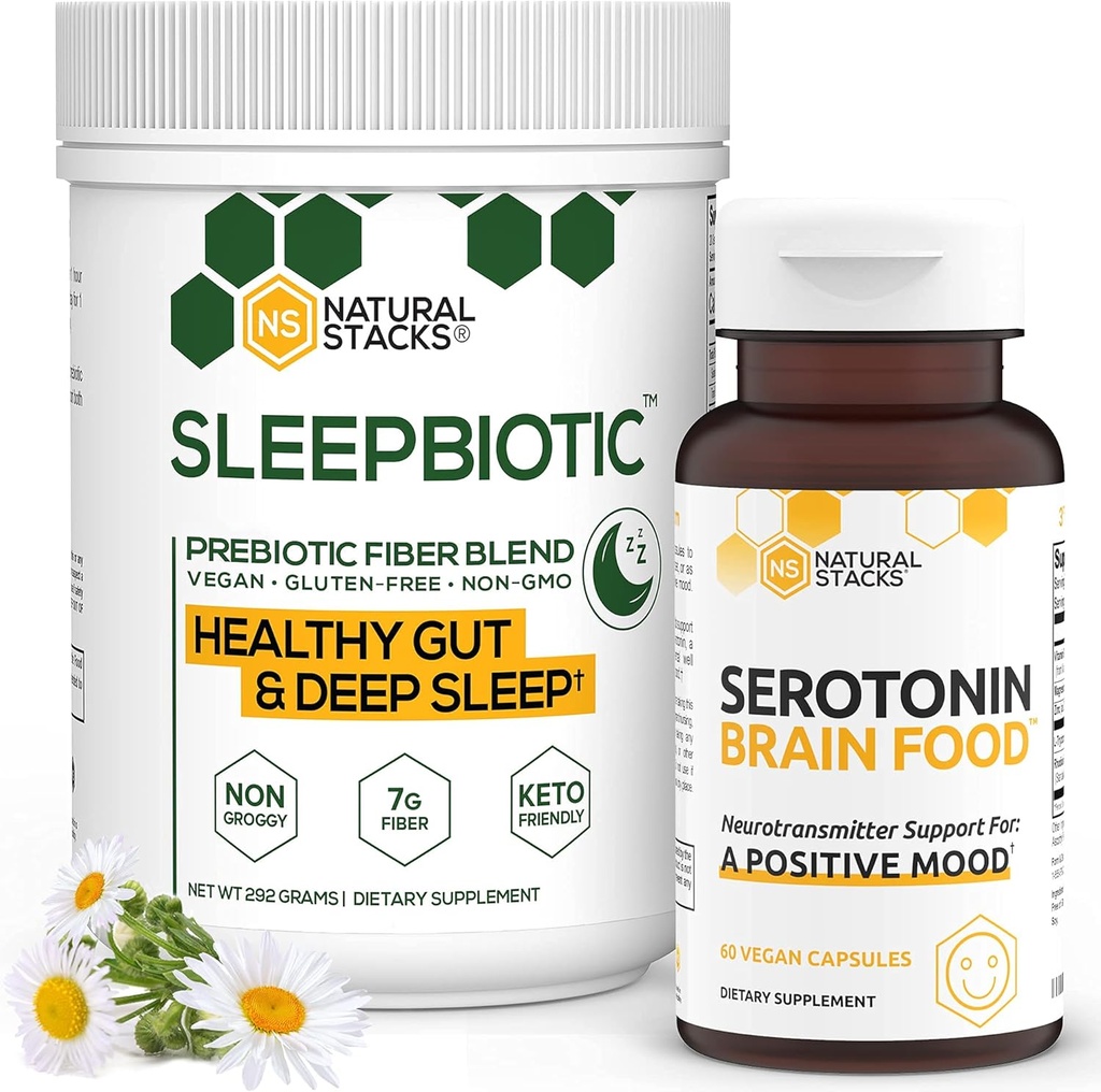 Natuurlijke Stacks Supplementen bundel - SleepBiotic Prebiotic Fiber (292g) + Serotonine Supplement (60caps) - voor Mood & Energy Boost, geestelijke gezondheid, Gut Health en betere slaap