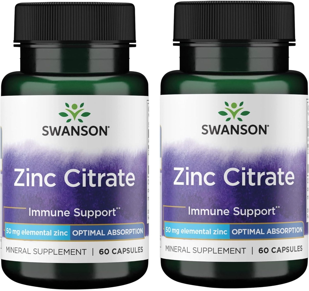 Swanson Zink Citrate - Mineral Supplement Promoting Healthy Vision & Immune System Health - Natural Formula Supporting All Wellness - (60 Capsules, 50mg Each) (2 Pack)
