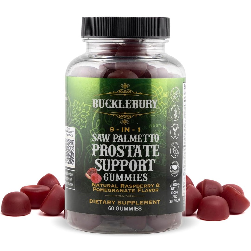 BUCKLEBURY 9-en-1 Sciage naturelle Palmetto Gommies avec framboise et parfum de grenade - Suppléments de soutien à la prostate à base de plantes pour hommes Bladder santé, croissance des cheveux et soutien urinaire - 60 Gommies