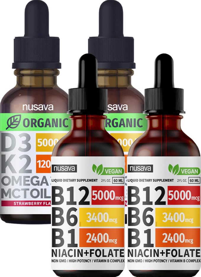 NUSAVA Vitamine B12 gouttes liquides et mélange de D3 K2 aromatisé aux fraises - Vitamines liquides pour le coeur, l'articulation, l'énergie et l'immunité - Non-OGM, sans gluten, 2pk Chaque