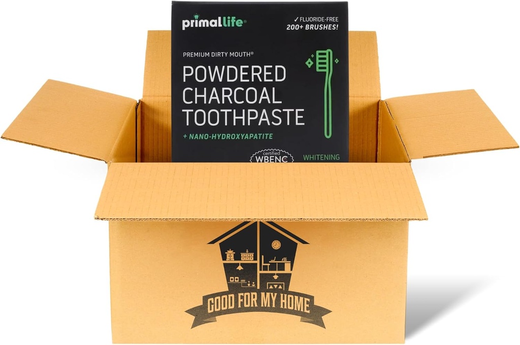 Geactiveerde Charcoal Primal Life Organics 1 oz Tandpoeder: Biologische Vegan Blend, Kaolin & Bentonite Clay, Essentiële Oliën - Zwarte Spearmint voor 200+ Borstels. GFMH Box inbegrepen.