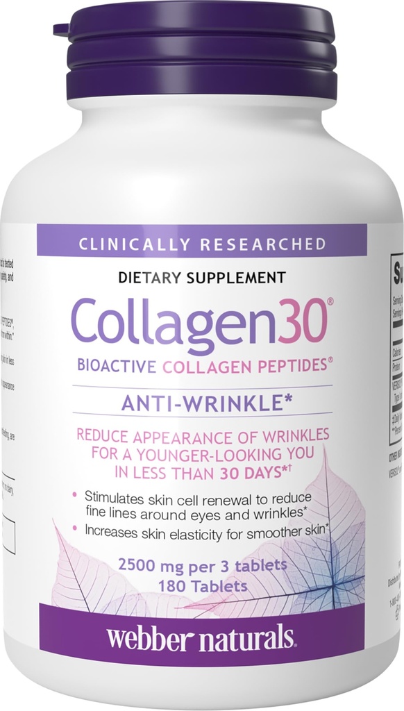 Webber Naturals Collageen30 Anti-rimpel, 2.500mg Bioactieve Collageen Peptiden Per Serving, 180 Tablets, helpt Verminderen Deep Rimpels, Fine Lines & Stimuleert Huidcellen, Niet GGO, Zuivel & Gluten Vrij