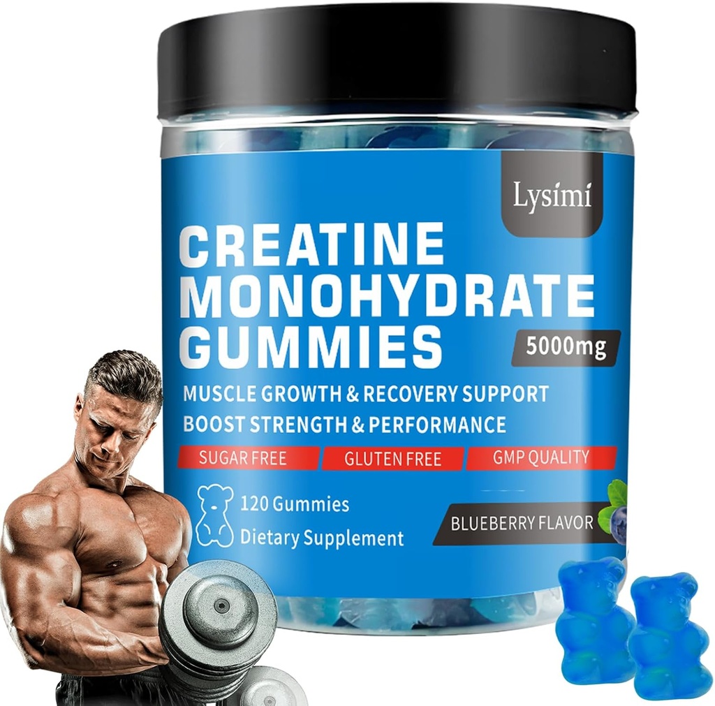Creatine Monohydraat Gummies - 5g Creatine Monohydraat per Serving- Verhoog de sterkte en bouw spier, suikervrij, veganistisch, bosbessen smaak, elke fles / 120 capsules, voor mannen en vrouwen (1)