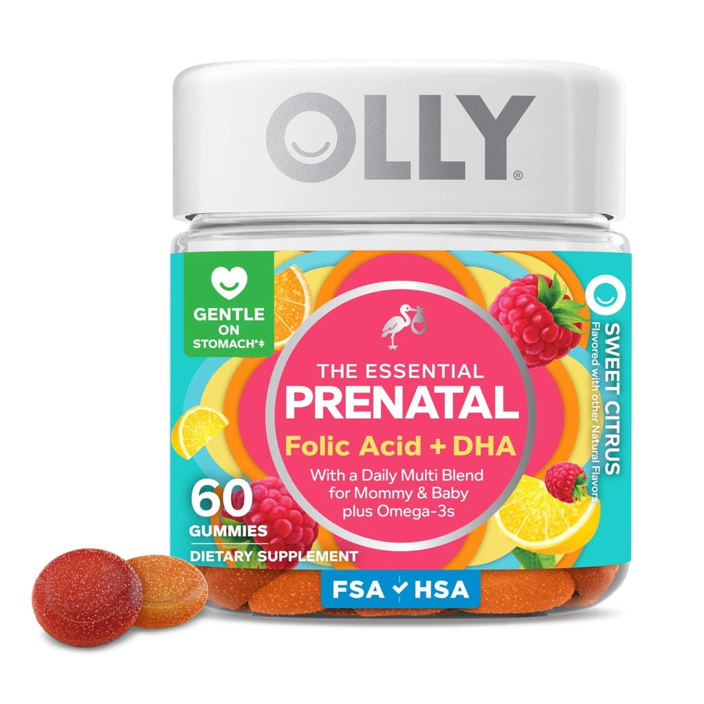 OLLY Prenatale Multivitamine Gummy, Ondersteunt gezonde groei en hersenontwikkeling, Foliumzuur, Vitamine D, Omega 3 DHA, Kauwbare Supplement, Citrus Berry smaak, 30 dagen levering - 60 Tellen