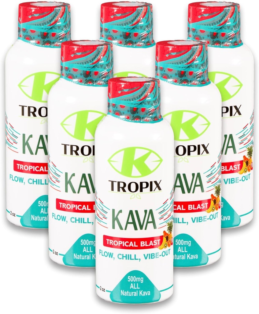K-Tropix Kava Shot Tropical Blast - 500mg Wellness Shots om ontspanning en vermindering van de zorg te bevorderen - Kava Drink - Zorg, spanning, Strain Relief Supplement - 6 Pack