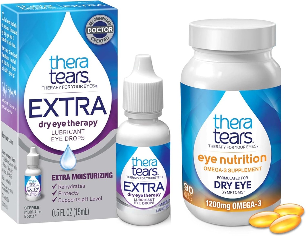 TheraTears 1200mg Omega 3 Supplement voor Eye Nutrition,Organic Flaxseed Triglyceride Fish Oil & VIT E,90 Telling Eye Drops, Extra Dry Eye Therapie,15 ml,0,5 Fl oz