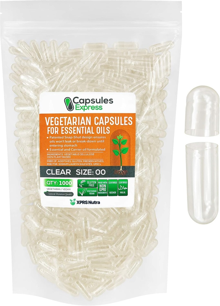 XPRS Nutra Maat 00 Lege Vegan Capsules - 1000 Tel Clear Veggie Capsules voor de meeste essentiële oliën - Lege plantaardige pillen - DIY Olievulling
