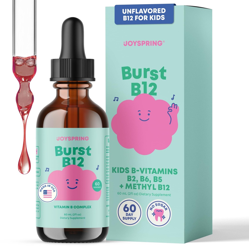 JoySpring Burst B12 Drops - Vitamine B Complex for Kids (2 fl oz) B2, B6, B5 + Methylcobalamine B12 Kinderen supplement ter ondersteuning van gezonde groei en ontwikkeling, Vegan B12, Leeftijden 2-16+ 