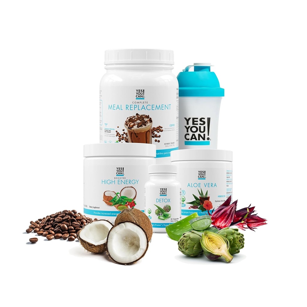 Oui, vous pouvez! Detox Plus Kit - Daily Cleanse Pure Fibre repas de remplacement boisson mélange, Shake Booster & Supplément, Kit de nettoyage du corps pour les hommes et les femmes, Daily System Cleanse - Café, Hibiscus
