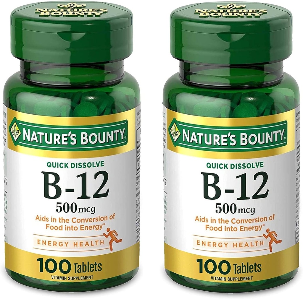De Bounty Vitamine B12 van de natuur, ondersteunt het energiemetabolisme en de gezondheid van het zenuwstelsel, 500mcg, tabletten, 100 Ct (verpakking van 2)