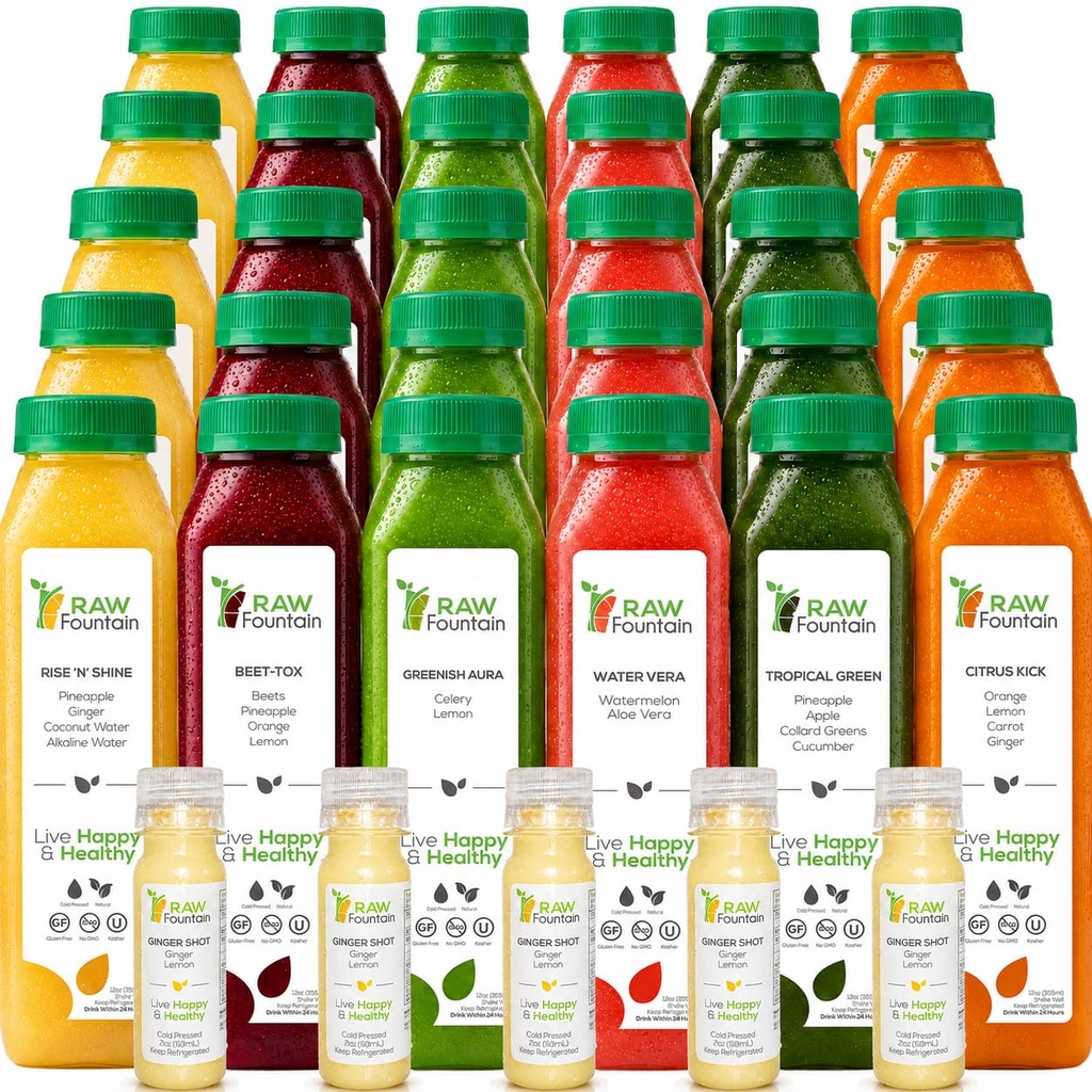 5 Jour de nettoyage de jus par fontaine crue, saveurs tropicales, tous naturels crus, jus de fruits et légumes pressés à froid, nettoyage de détox, 30 bouteilles 12oz, 5 Bonus Ginger Shops
