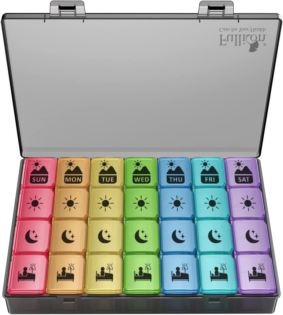 Extra Large Weekly Pill Organizer 4 keer per dag, Fullicon XXL Large Pill Box, 7 dagen Medicine Organizer, Black Pill case voor vitamine/visolie/supplementen