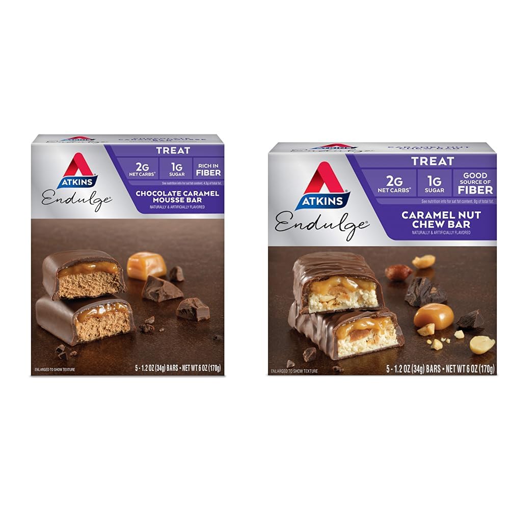Atkins Endulge Chocolate Caramel Mousse Bar 5 Count en Caramel Nut Chew Bar 5 Count Bundle