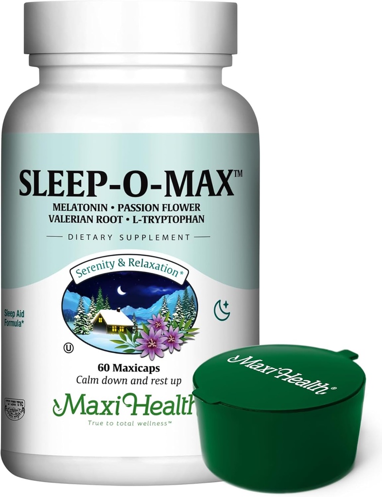 Maxi Health Natural Sleep Supplement Herbal Sleep-O-Max met Valeriaan Root, Melatonine, Tryptofaan, Passiebloem - Kalme Slaap Ondersteuning Formule voor volwassenen met Green Pillbox