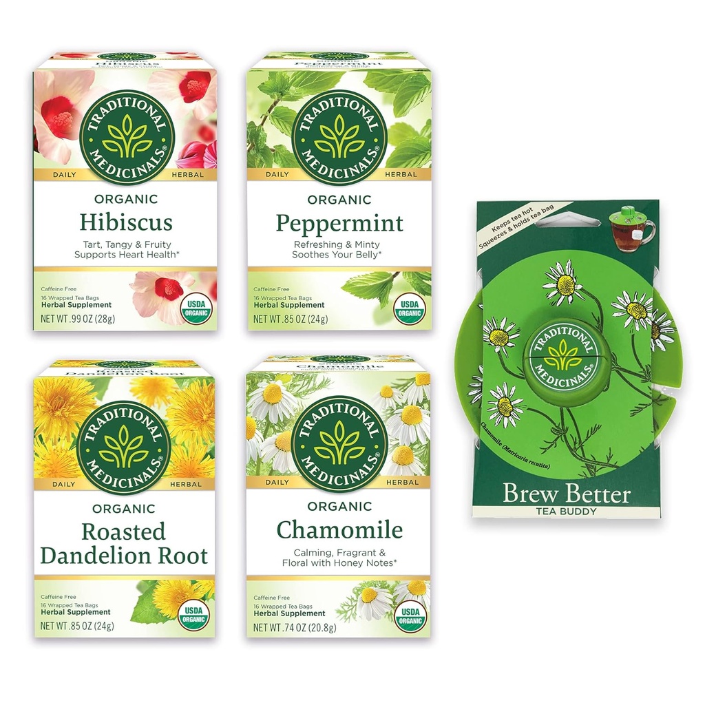 Traditionele Medicijnen, Biologische Variëteit Pack voor Wellness in Vier Verzachtende Smaken, Inclusief Pepermunt, Kamille, Hibiscus, Geroosterde Dandelion Root, Tea Buddy, 64 Theezakjes, (4 Pack)
