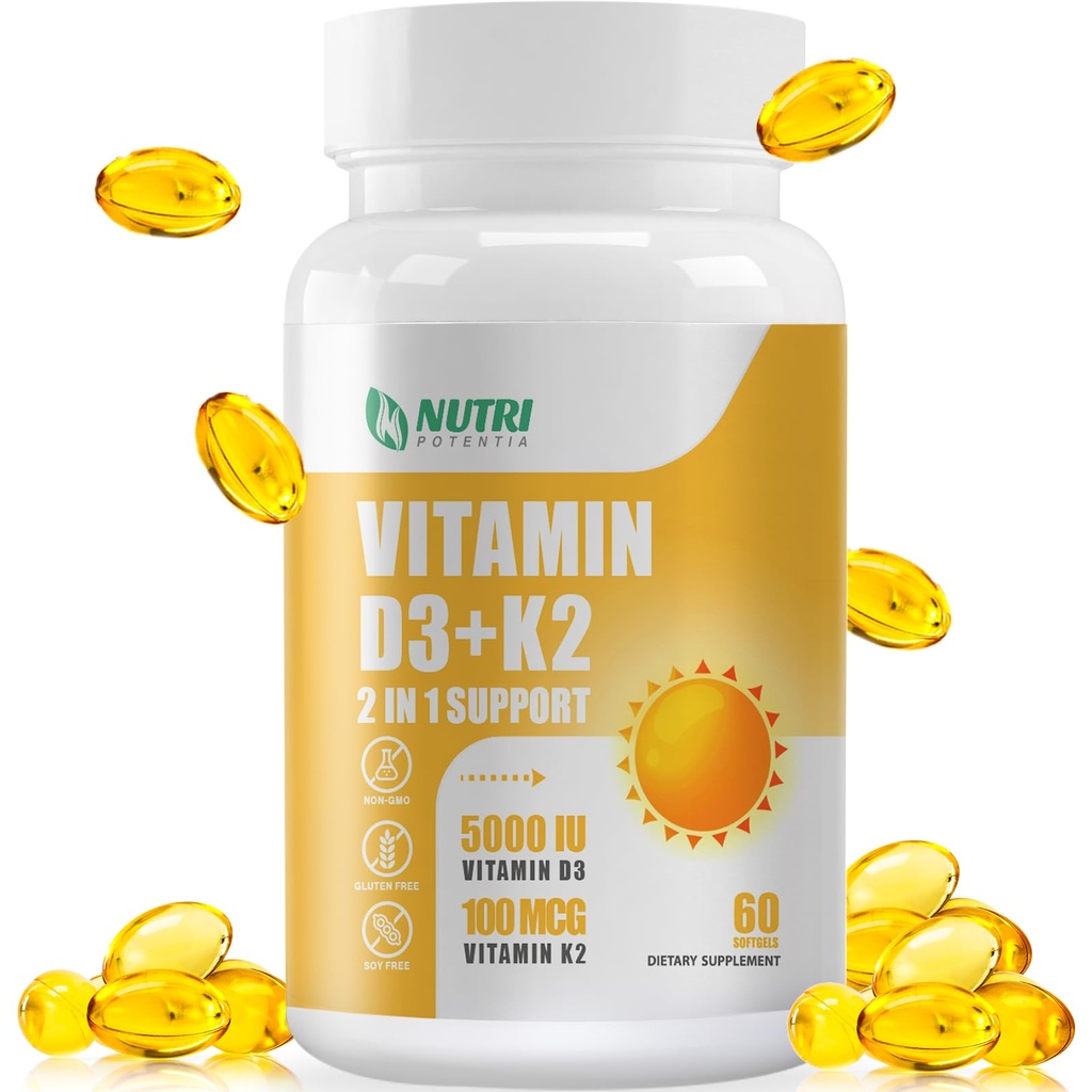 Vitamine D3 K2 met MCT-olie, vitamine D3 5000 IE en K2 100 mcg, Formule 2 in 1 voor bot- en hartgezondheid, glutenvrij - 60 graaf Softgels