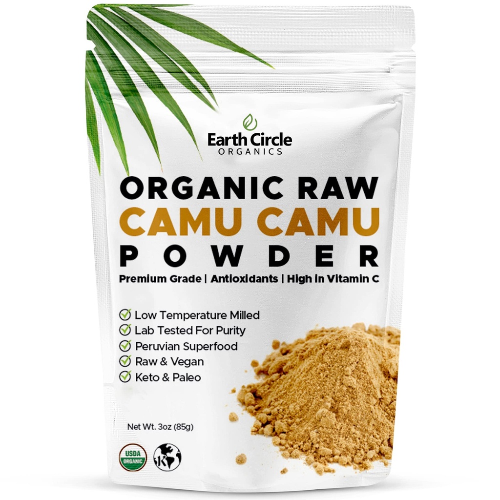 Earth Circle Organics Camu Poudre Camu – Poudre de baies crues organiques avec vitamine naturelle C et antioxydants – Vegan, Kosher, Superaliment non OGM pour l'immunité et l'énergie – 3oz (paquet de 1)