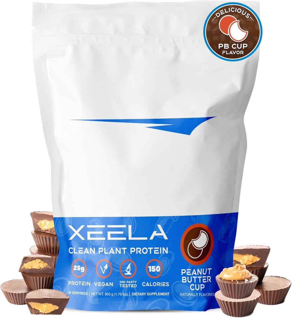 XEELA Plant Based Vegan Protein Powder - onafhankelijk getest - 25 g hoog eiwit, pea Protein voor mannen en vrouwen - vitamines en mineralen, niet GGO, zuivel en glutenvrij, lage koolstof en laag vetgehalte (Peanut Butter Cup)