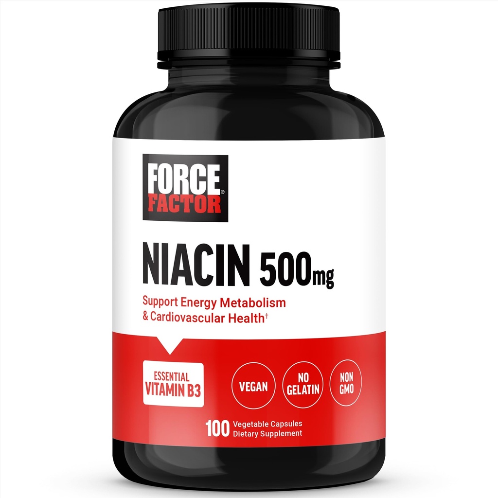 FACTEUR DE FORCE Niacin Vitamine B3 pour soutenir l'énergie cellulaire et la santé cardiovasculaire, Niacin 500mg Supplément santé cardiaque, végétalien, sans gélatine, sans OGM, 100 capsules végétales
