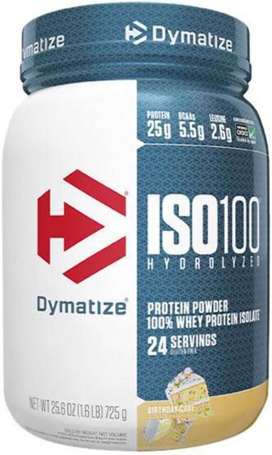 Dymatize ISO 100 Wei Proteïne Poeder met 25 g Gehydrolyseerd 100% Wei Isolaat, Glutenvrij, Fast Digesting, Verjaardagstaart, 1,6 pond