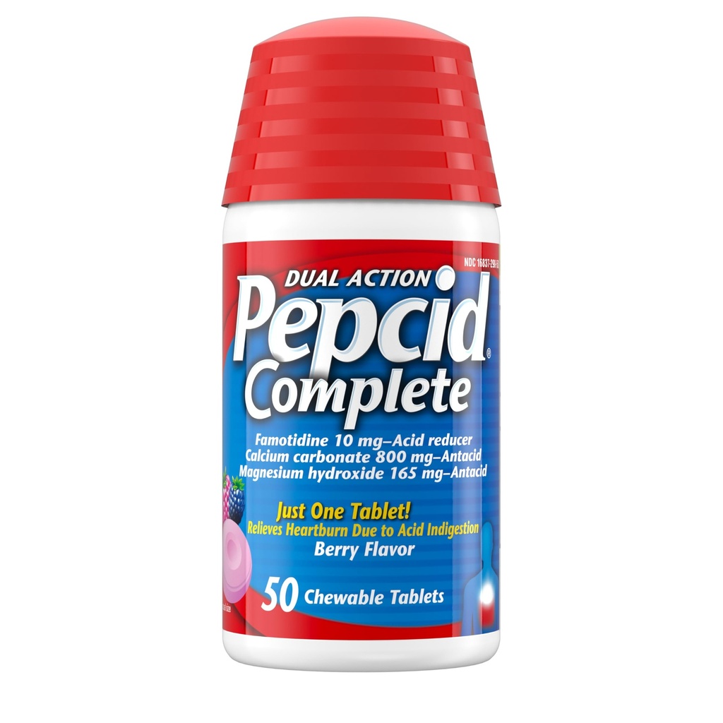 Réducteur d'acide complet Pepcid + Comprimés antiacides, Relief des brûlures d'estomac, Berry, 50 ct (paquet mai Vary)